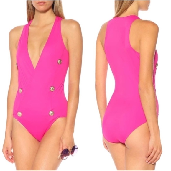 Balmain Other - Balmain DEEP V DECORATIVE BUTTONS WRAP SWIMSUIT Size 4 BARBIE PINK